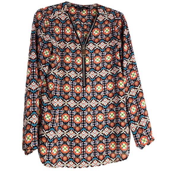 Zac & Rachel Colorful Mandala 1/4 Zip Blouse Semi-Sheer Balloon Long Sleeve. S - Picture 1 of 11